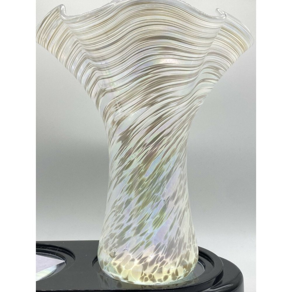 Art Glass Hand Blown Vase White Spiral Swirl  Iridescent Frost Ruffle Edge 8”